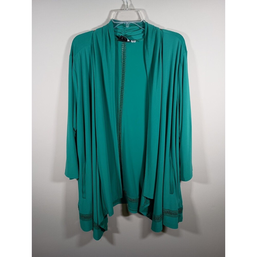 Joan Rivers Teal  Open Drape 3/4 Sleeve Crochet Pockets Cardigan Plus Size 3X